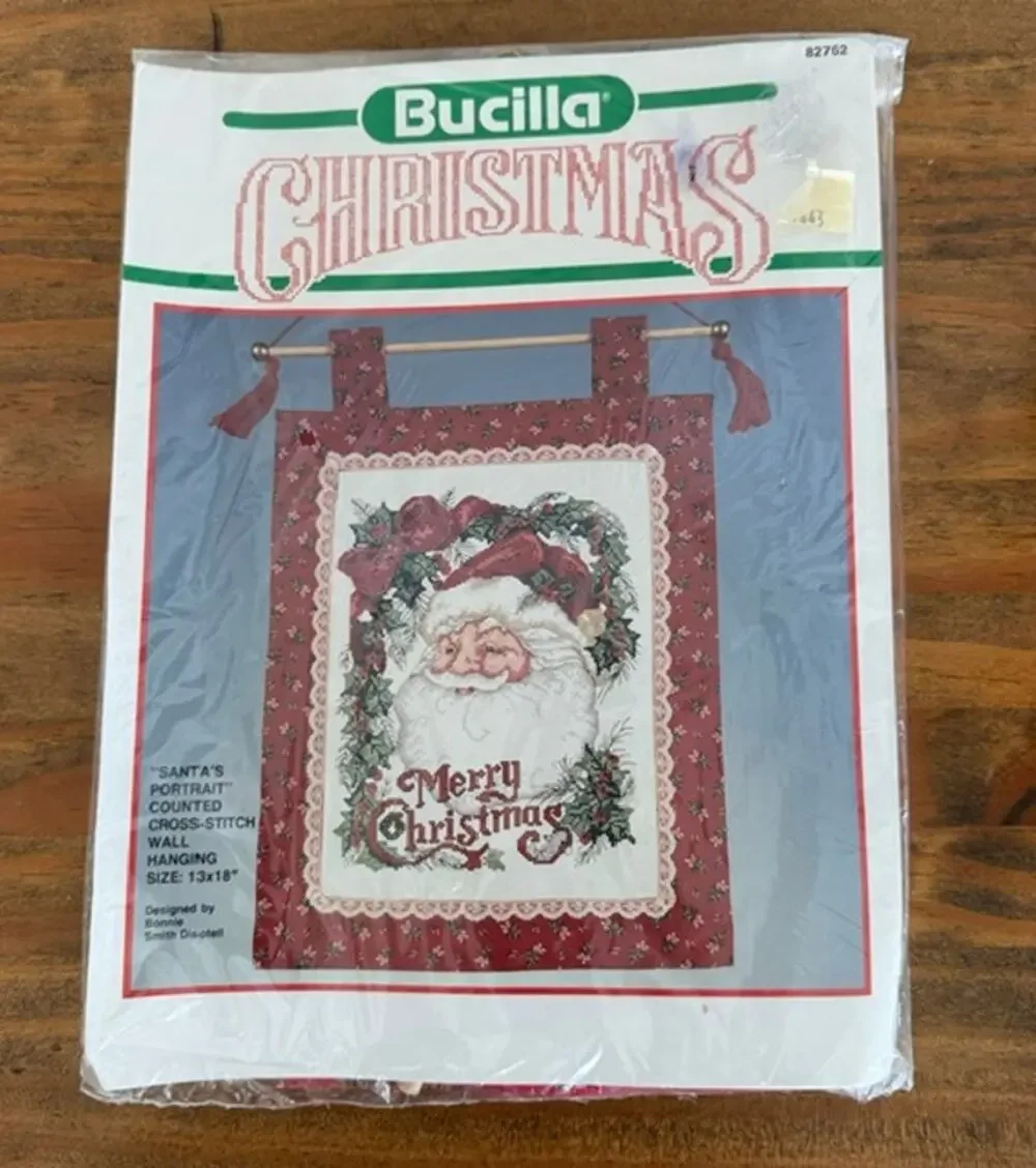 Vintage Bucilla Christmas Santa's Portrait Counted Cross Stitch Wall Hanging